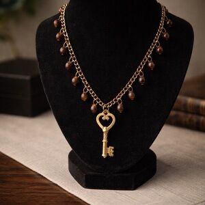Gold Key Charm Necklace with Brown Beads - Women Jewelry